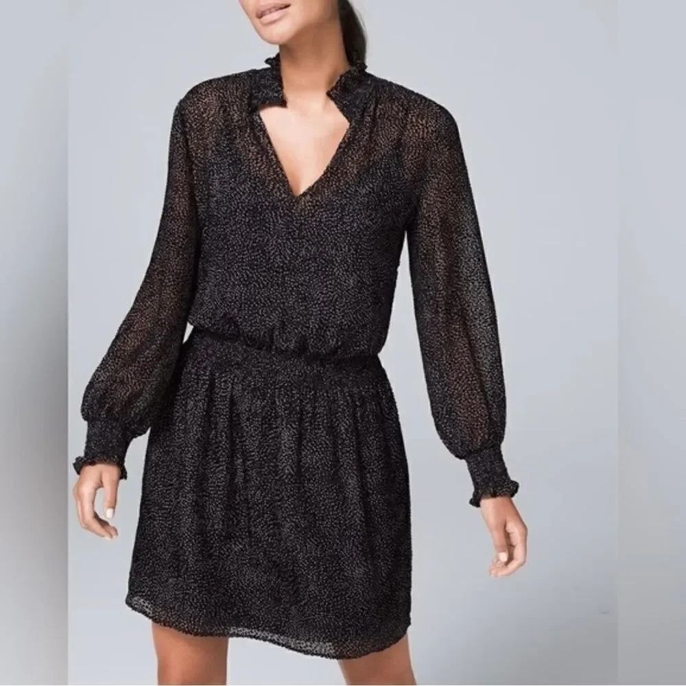 WHBM Black Velvet Dot Long Sleeve Blouson Dress
